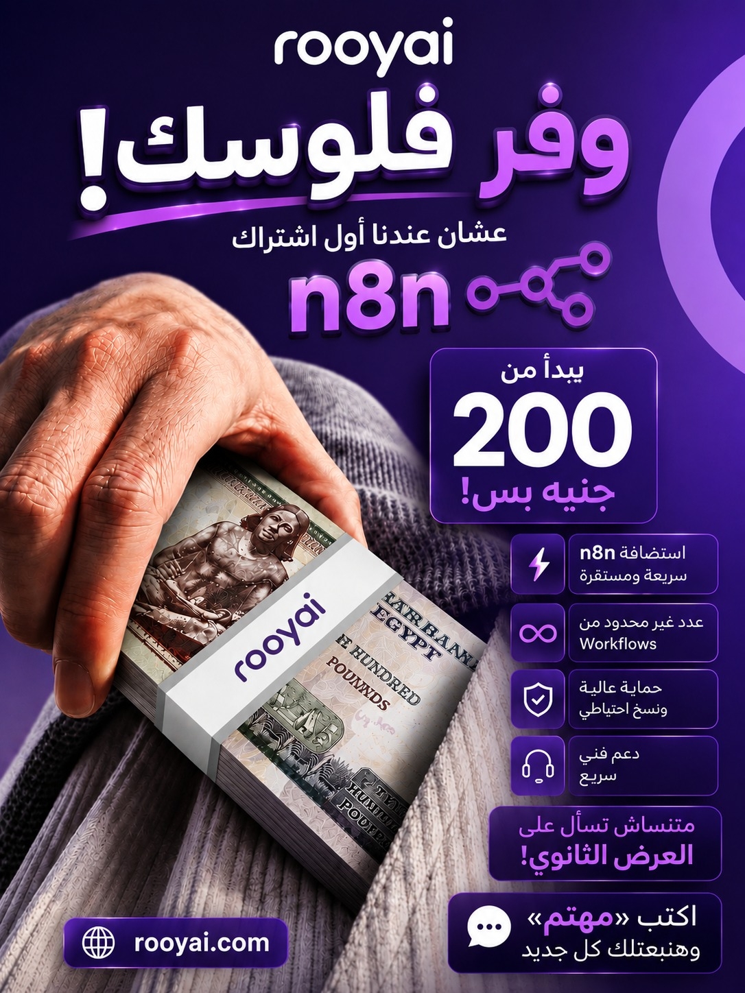 بوستر إعلاني لحملة n8n Hosting السنوية (Annual Offer 1199 EGP)